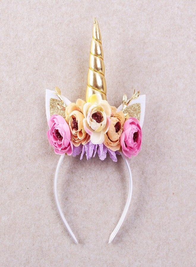 Nishine Girls Glitter Unicorn Horn Headband Camellia Pony Head Band Flower Hair Band Tiara for Party Birthday Gift (Gold&Pink) - Image 3